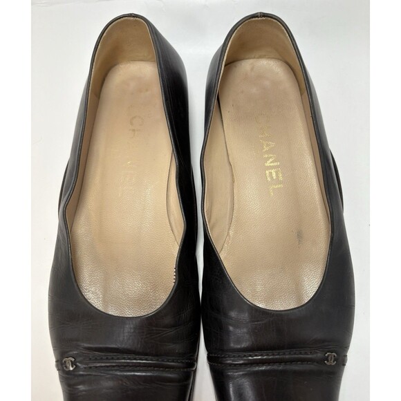 Chanel Square Toe Low Heel Black Leather Classic CC Logo Pumps EU Sz 35.5 5.5 - Picture 6 of 12